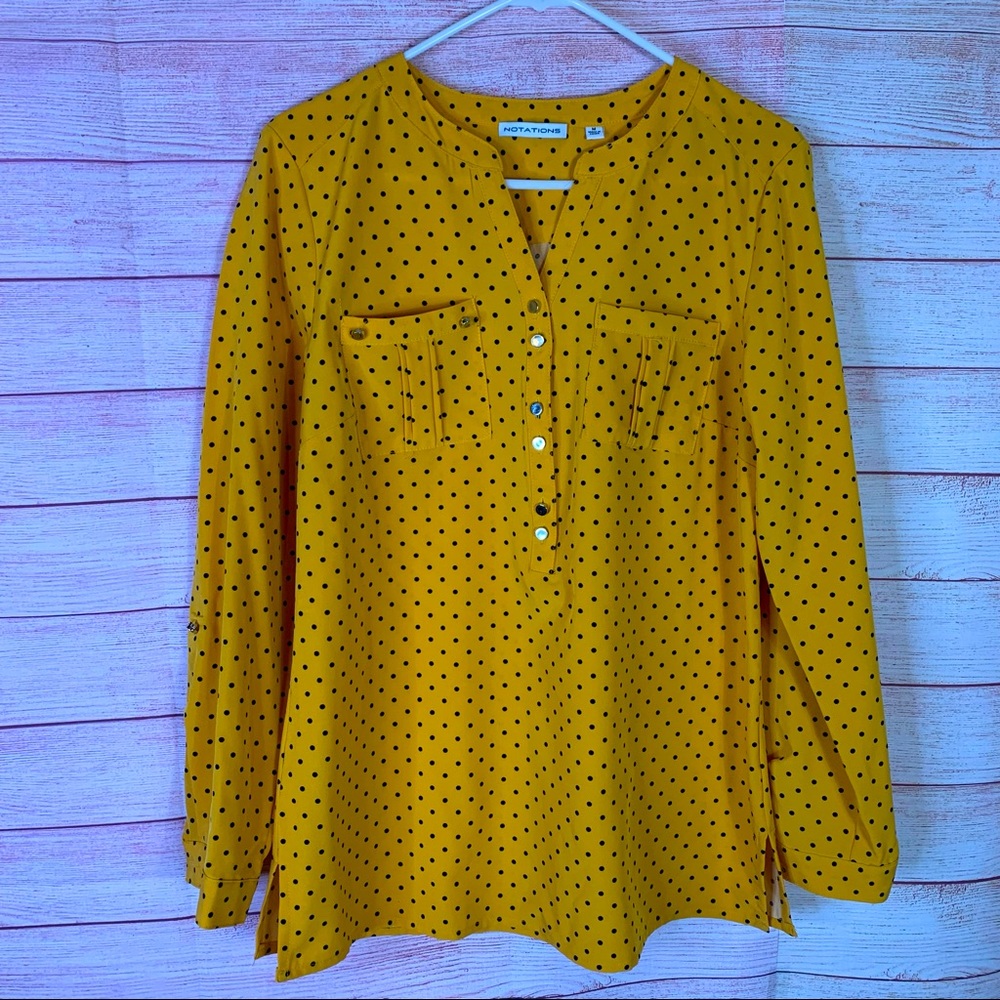 Notations Polka Dot Gold/Yellow Black Blouse Medium